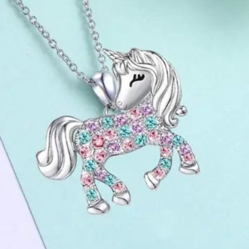 Unicorn Pendant Necklace Girls Silvertone Multi Color Rhinestones 19" Adj New - Picture 3 of 10